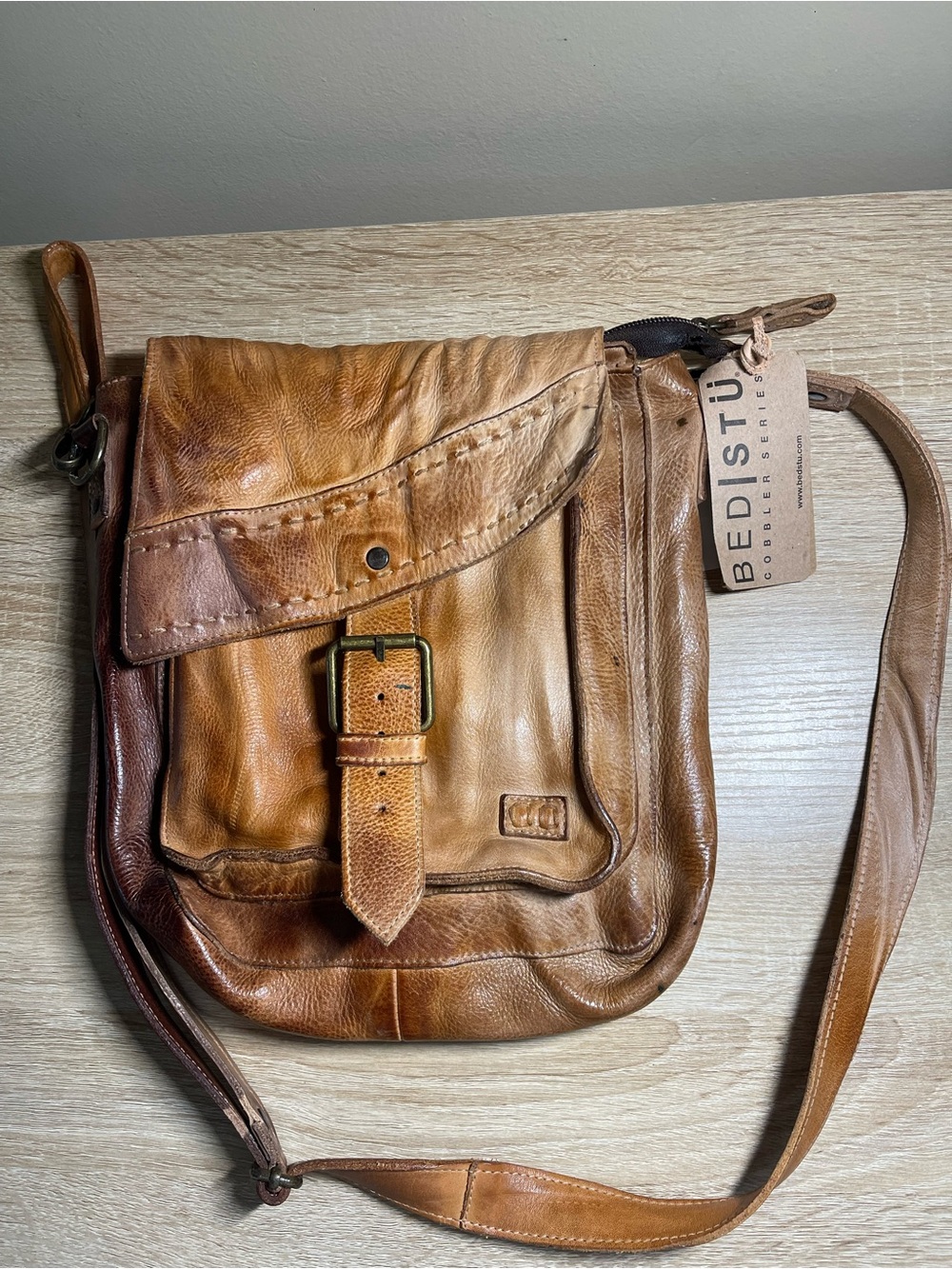 BED|STU Distressed Cognac Brown Leather Crossbody Bag